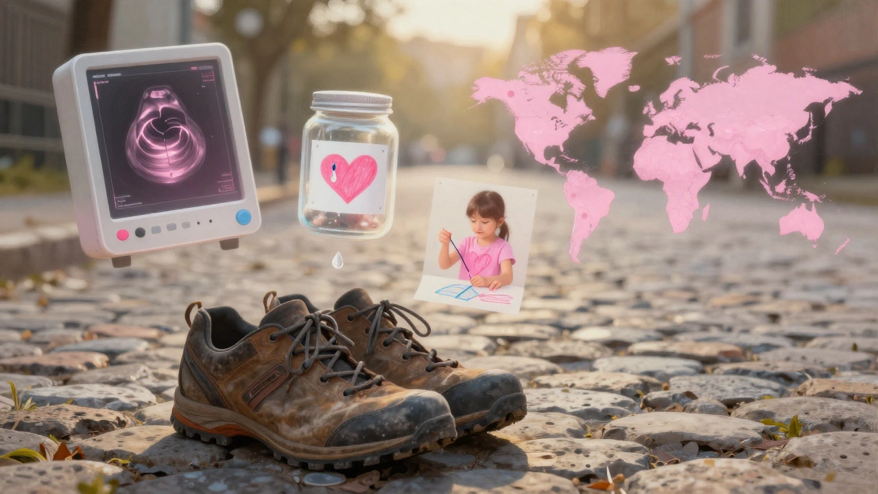A pair of walking shoes symbolizing global charity impact, surrounded by floating images of hope and healing.