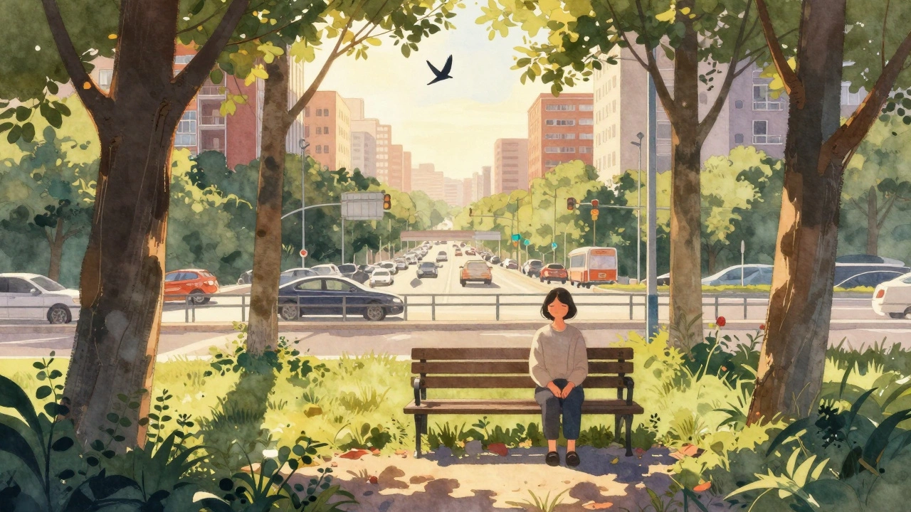 A person finding peace on a bench in a small urban park, with trees filtering sunlight and the city blurred behind.