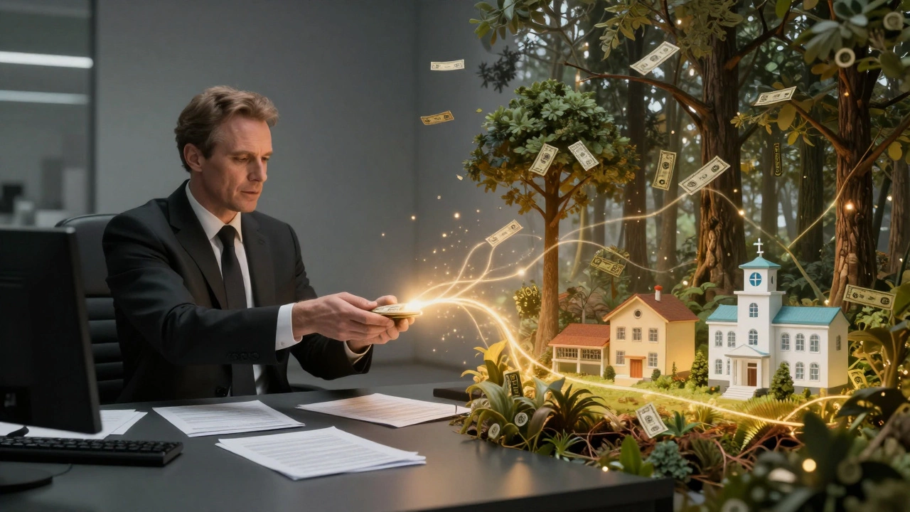 A symbolic split image showing tax documents transforming into a forest, school, and hospital connected by golden light.