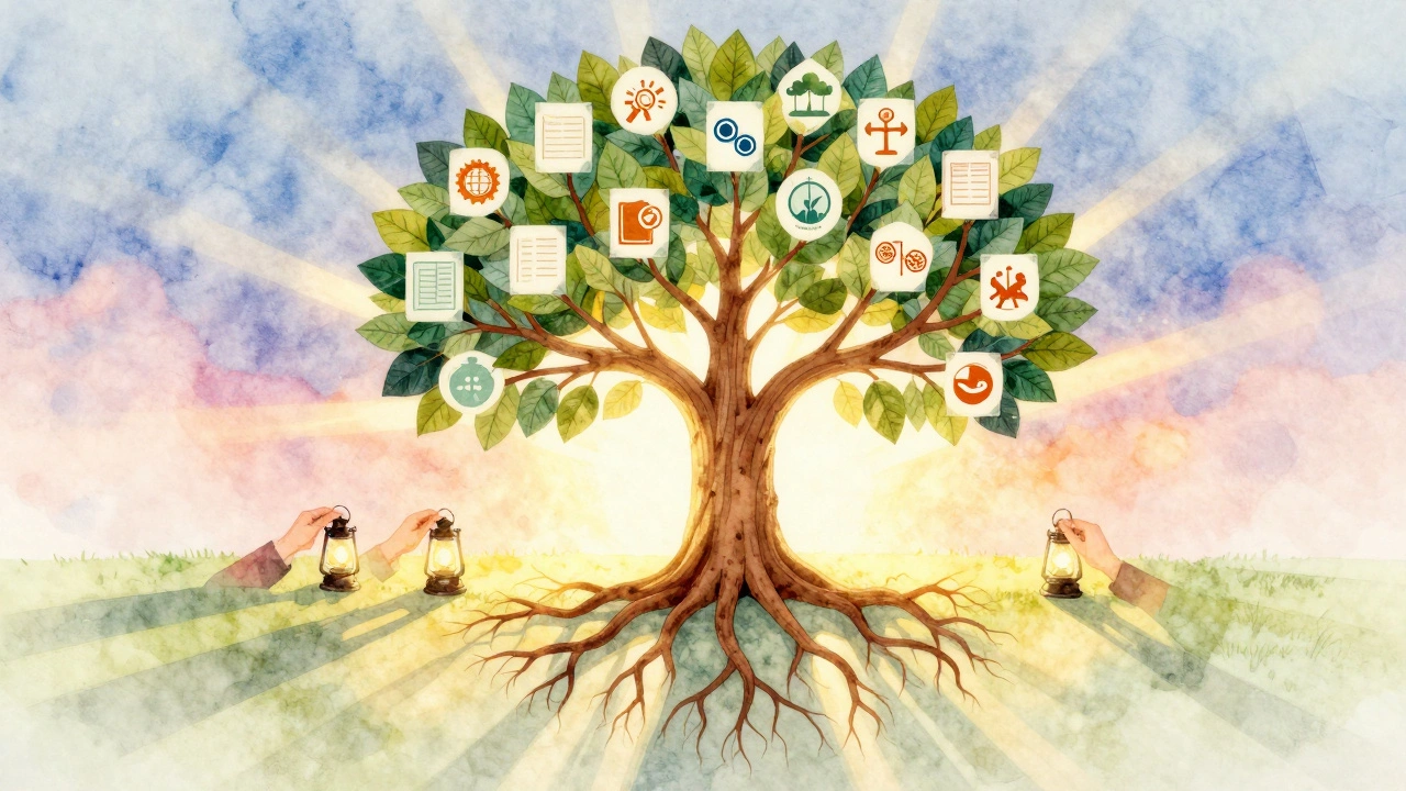 A symbolic tree with legal roots and charity-themed leaves, glowing with golden light representing enduring legacy.