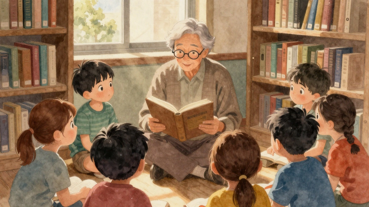 A teacher reading to children in a library, one child captivated by the story.