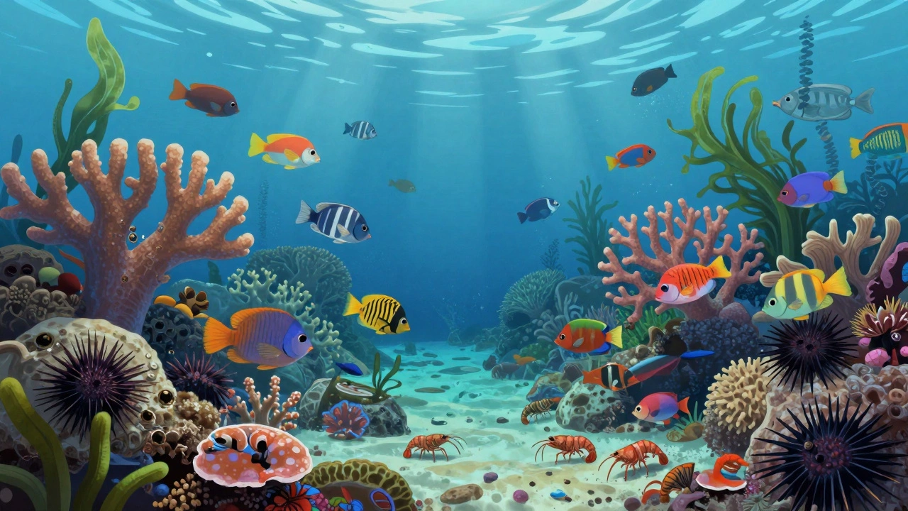 A vibrant coral reef with fish, corals, and sea urchins interacting.