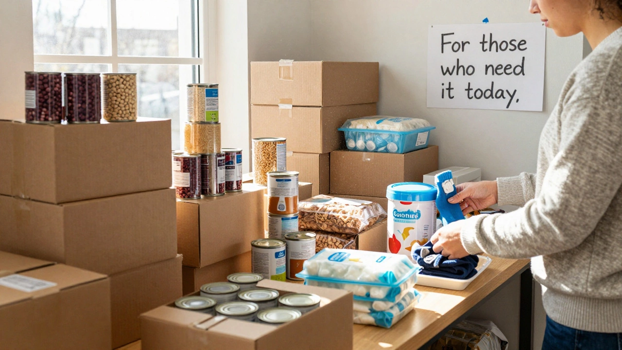 A volunteer sorting food donations in a well-lit storage room, with tins, baby formula, and socks neatly arranged.