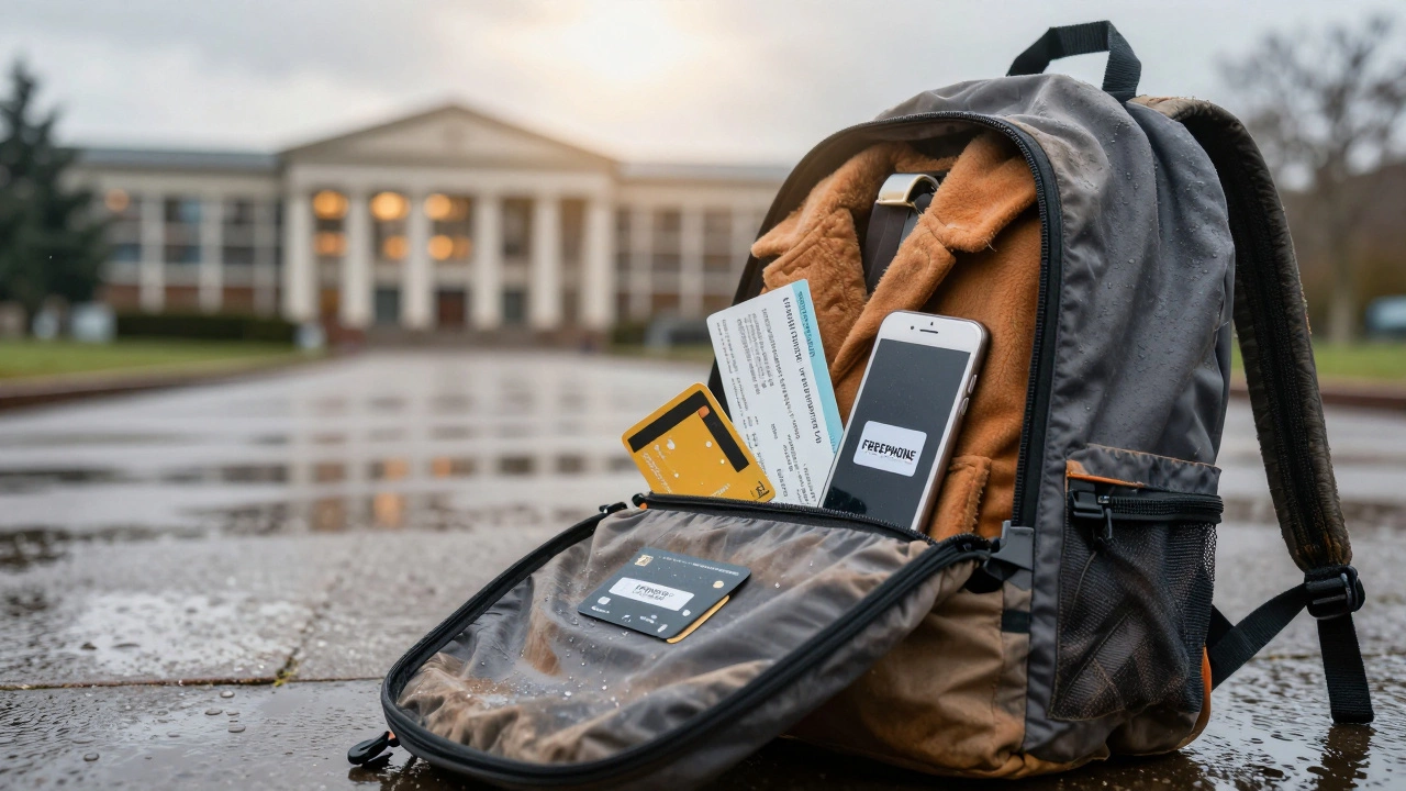 An open backpack containing a prepaid card, bus ticket, coat, and free phone on a rainy pavement.