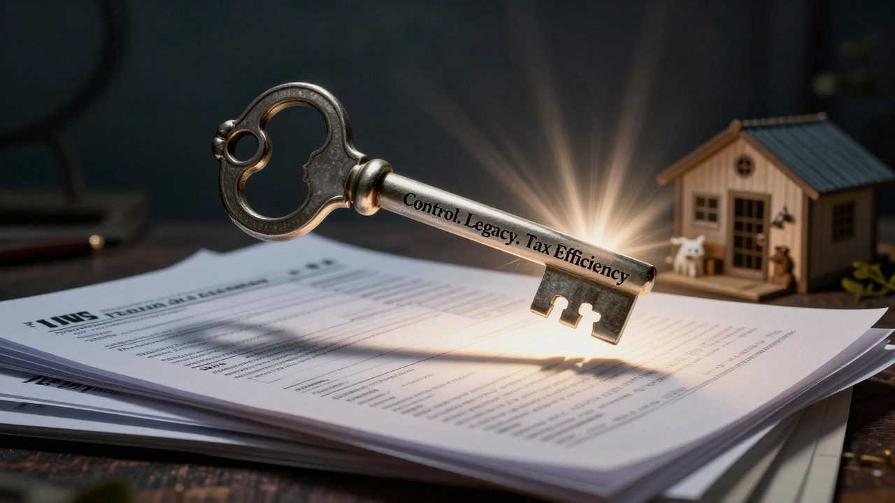 An ornate key hovers over legal documents, casting light toward a small nonprofit building in the distance.