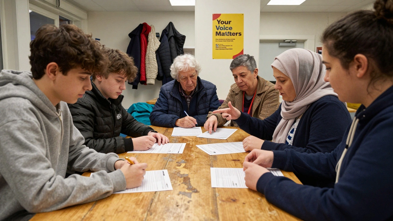 Diverse community members reviewing forms together at a local center.