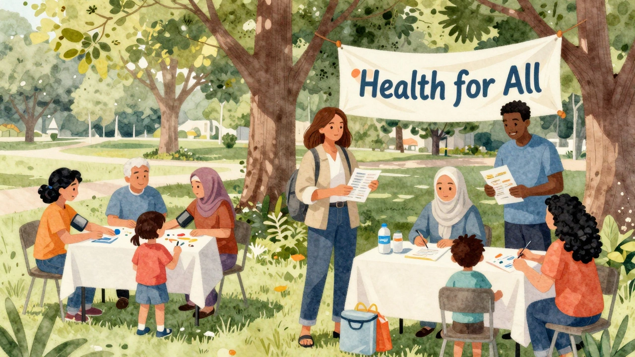 Diverse families at a multicultural health fair in a park with volunteers and children.