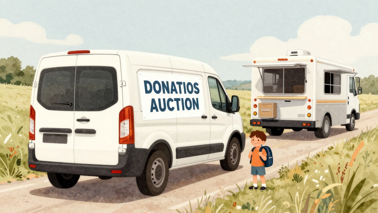 Donated van being towed away as a food truck delivers meals