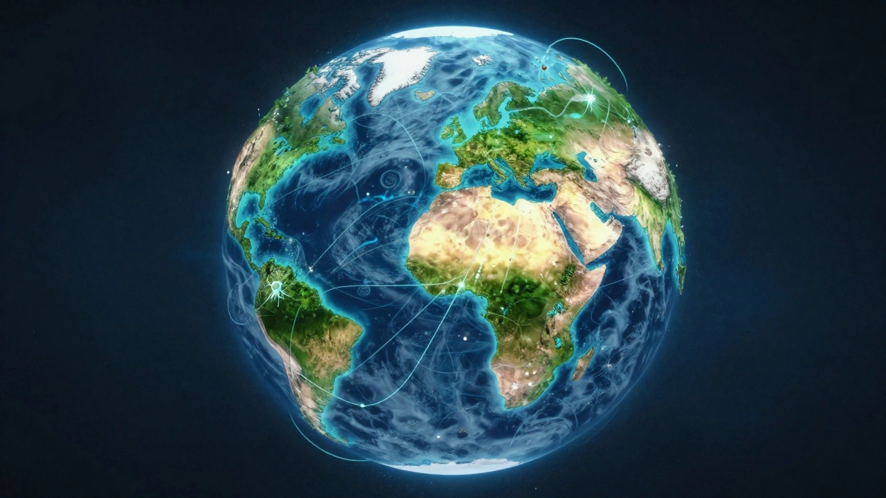 Earth viewed from space as a glowing, interconnected biosphere.