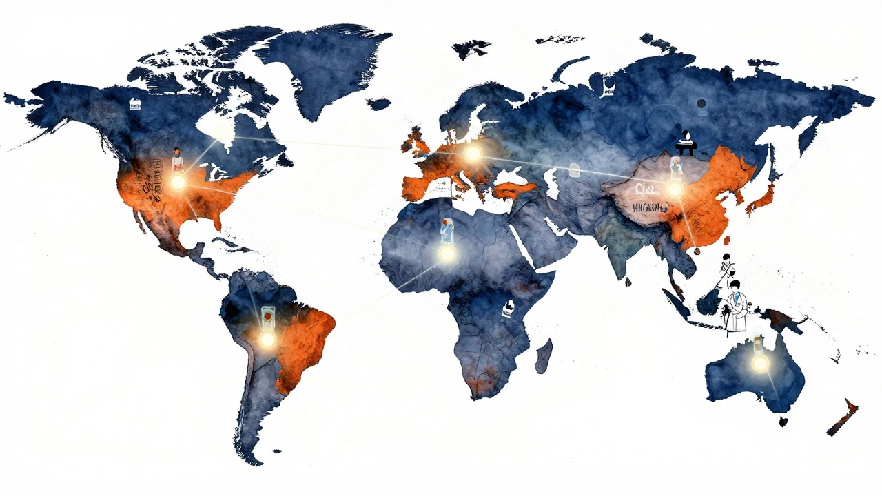 Global map with glowing links showing Doctors Without Borders field operations in conflict zones.