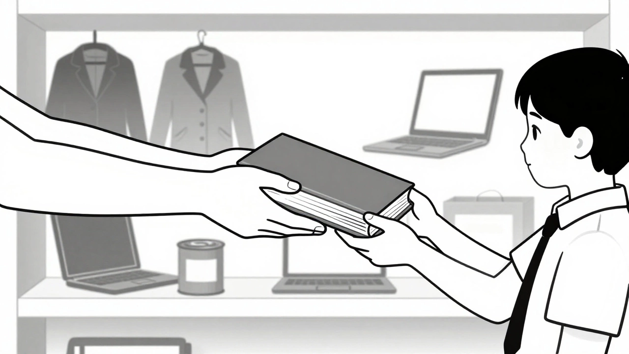 Hand passing a book to a child, symbolizing reuse and dignity