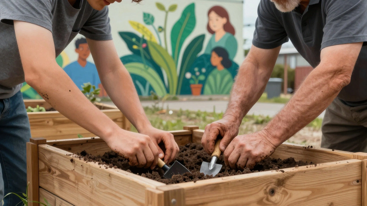 Hands building a garden bed together in an urban space, symbolizing community growth.