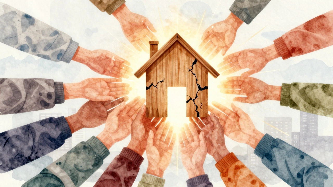 Hands from community members lifting and repairing an aging home