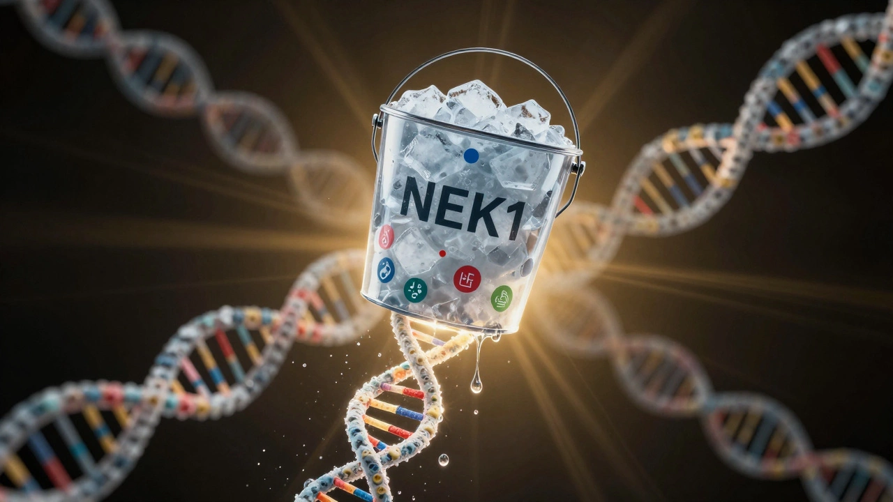 Ice bucket melting above a glowing DNA helix, droplets turning into gene and research symbols.