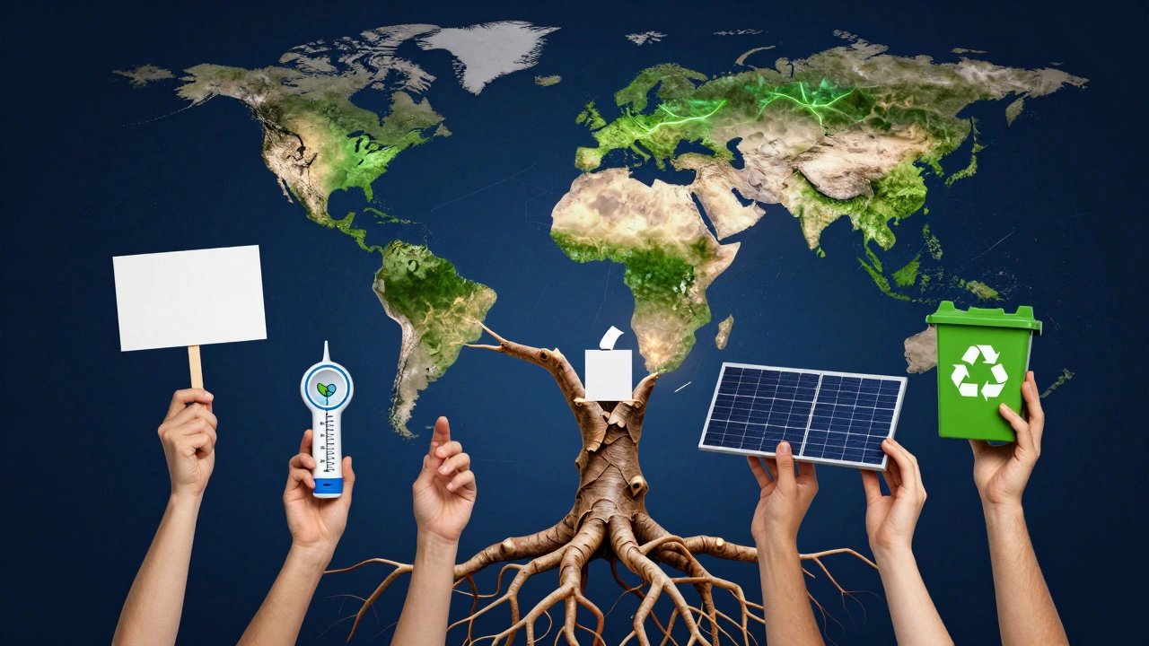 Interconnected hands forming tree roots, each holding symbols of environmental action against a healing Earth.