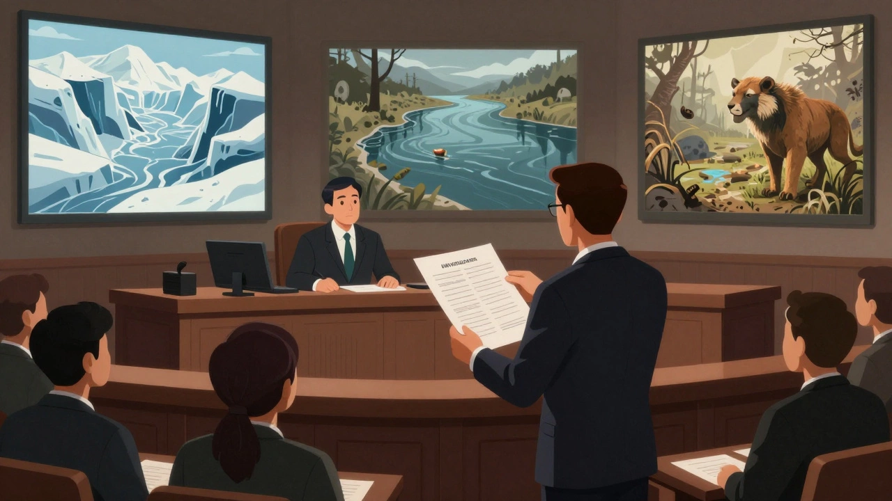 Lawyer presenting environmental data in court, citizens watching as images of climate impacts are displayed.