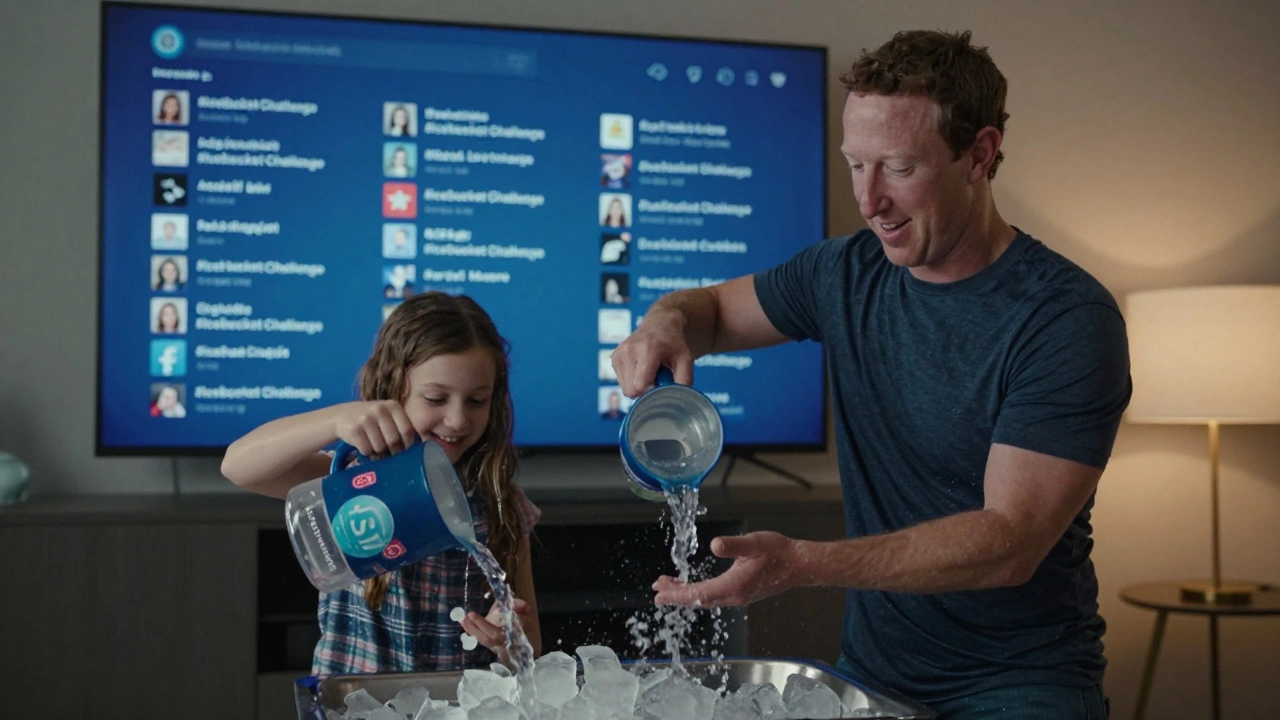 Mark Zuckerberg and his daughter pouring ice water on themselves with social media notifications visible.