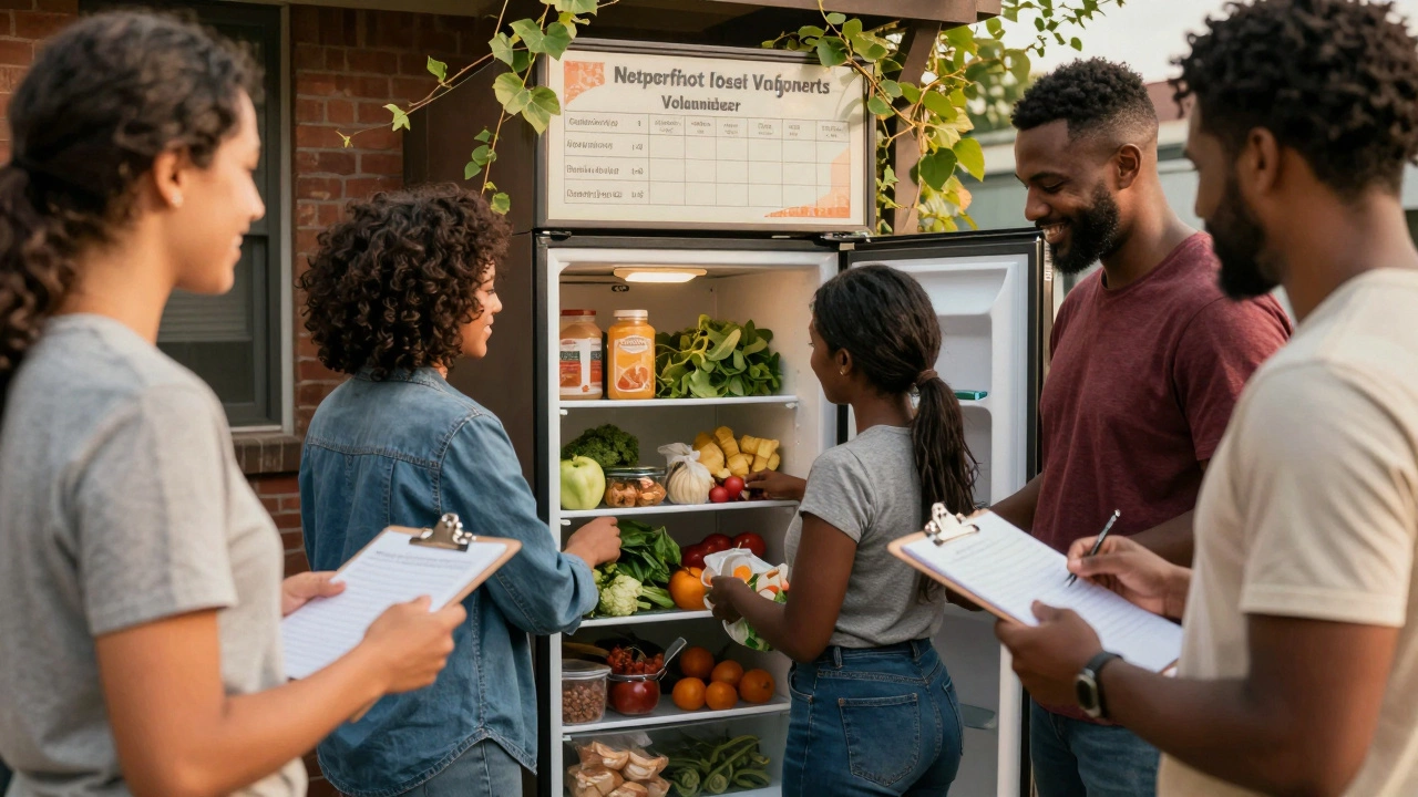 People share food at a community fridge in Detroit, no forms or volunteers required, under warm sunlight.