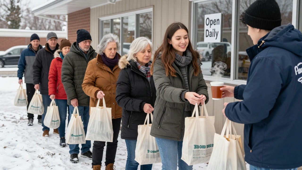 People waiting in line outside a food bank, volunteers handing out parcels with kindness in snowy weather.