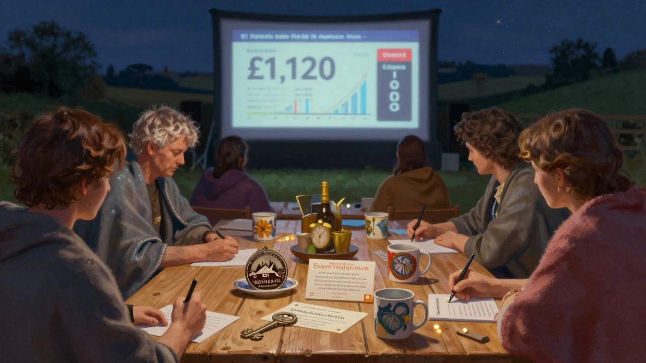 Silent auction table with donated items and attendees writing bids under a starry sky.