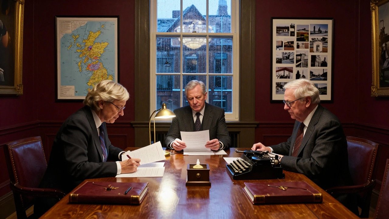 Three generations of a family reviewing grant proposals in a historic London boardroom with maps and photos on the walls.