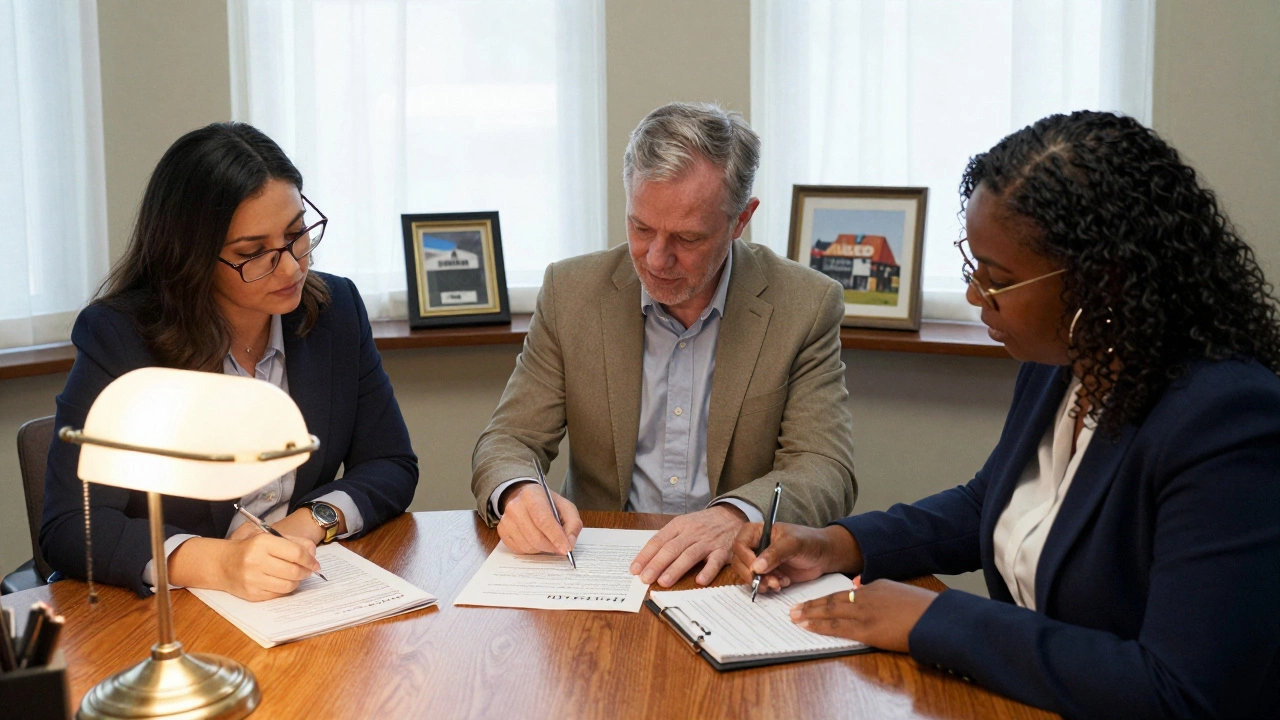 Three trustees reviewing financial records and a trust deed in a modest office, one pointing to important clauses.