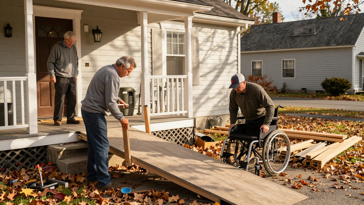 Volunteers building wheelchair ramp for senior on modest home