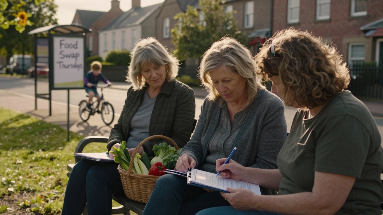 Women helping each other with paperwork on a park bench, vegetables nearby.