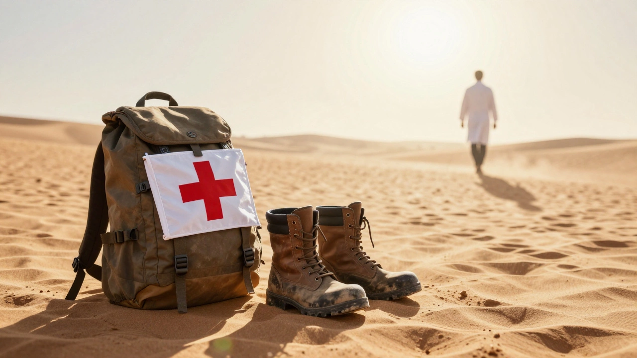 Worn medical boots and folded red cross flag standing alone in desert sand at sunset.