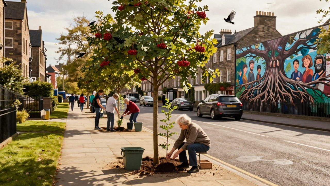 A diverse community planting trees in an urban neighborhood, an elderly woman placing a sapling where her husband once sat.