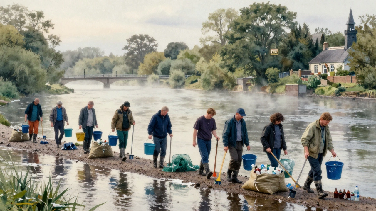 A group of volunteers walking along a riverbank collecting plastic waste, buckets and grabber tools in hand at dawn.