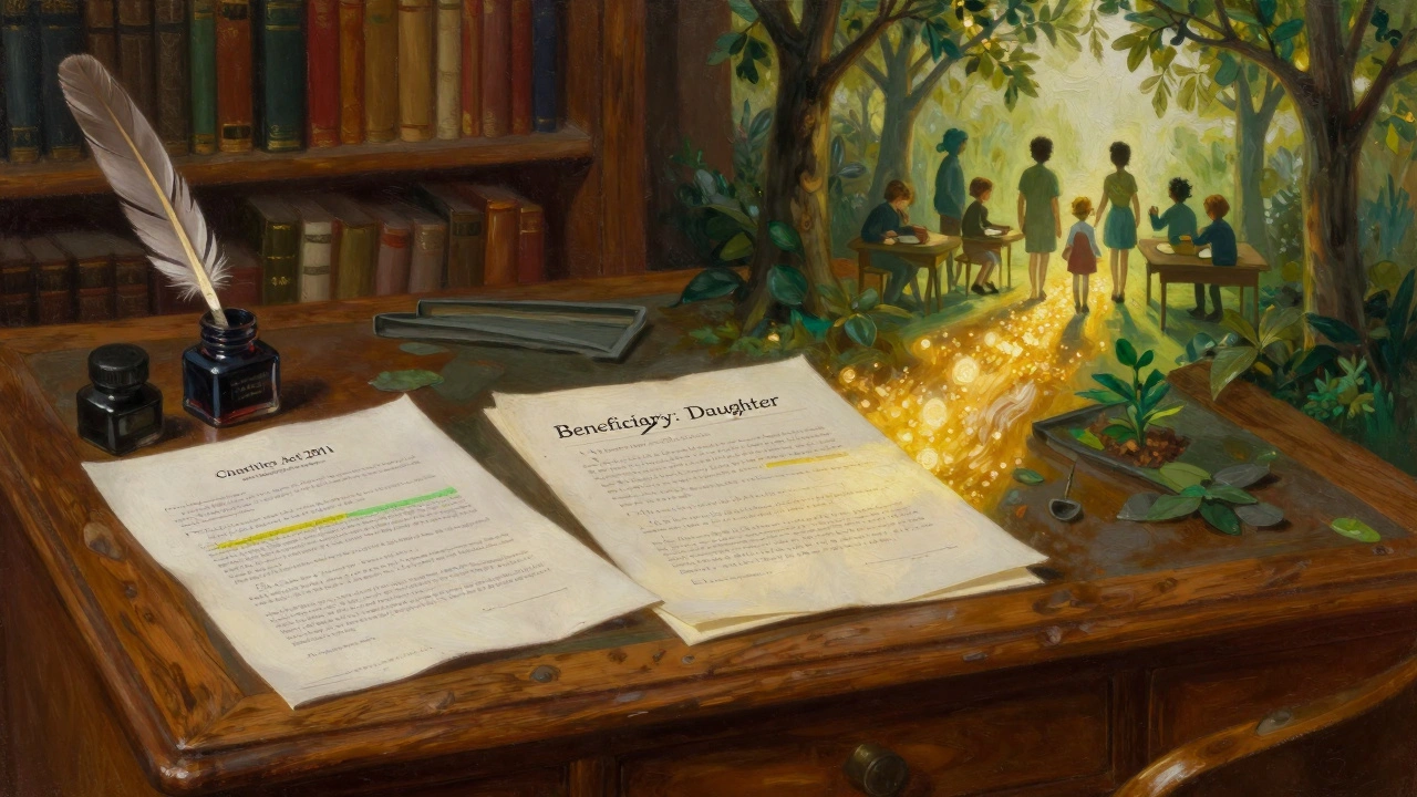 A legal desk with a rejected beneficiary clause and glowing images of charitable causes like education and environmental aid.