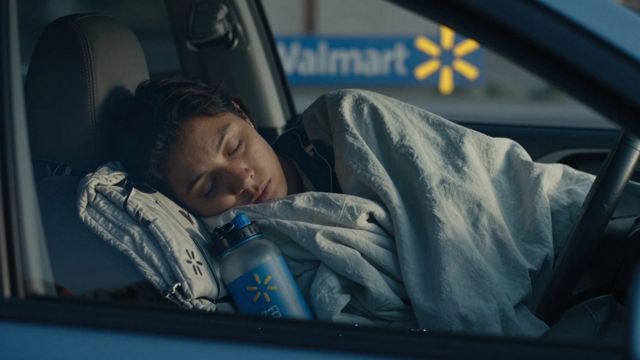 A person sleeping in a car at Walmart, water bottle and blanket visible inside.