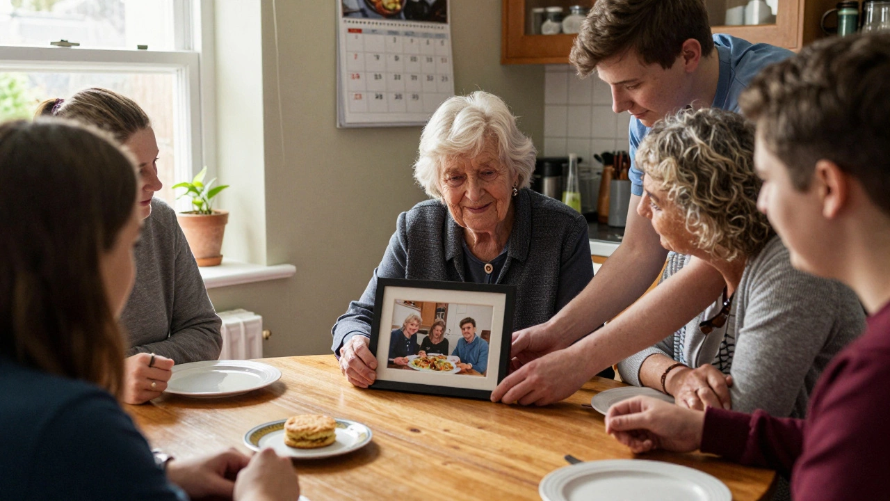 A teen shares a photo of a lunch club with an elderly woman at her kitchen table.