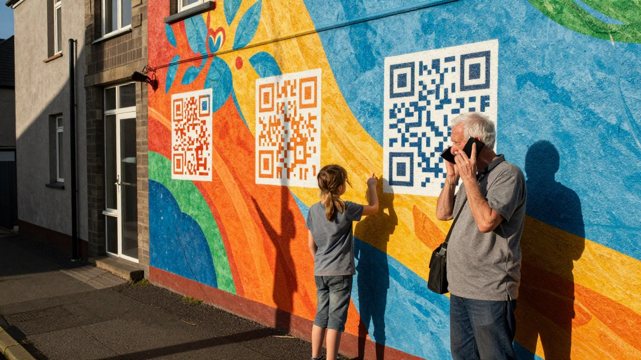 An artist paints a mural with QR codes on a housing block as a tenant listens to a voice message.