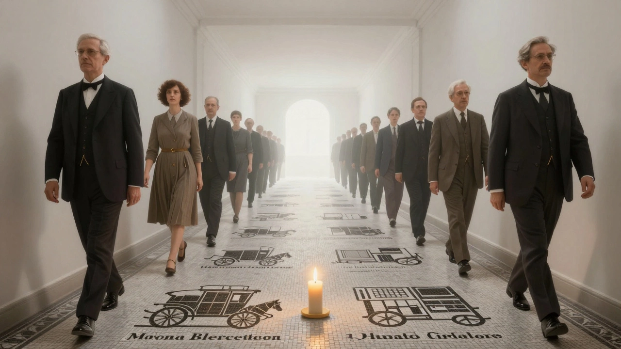 An endless hallway of trustees leading to light, with a mosaic showing evolving charitable purposes over time.