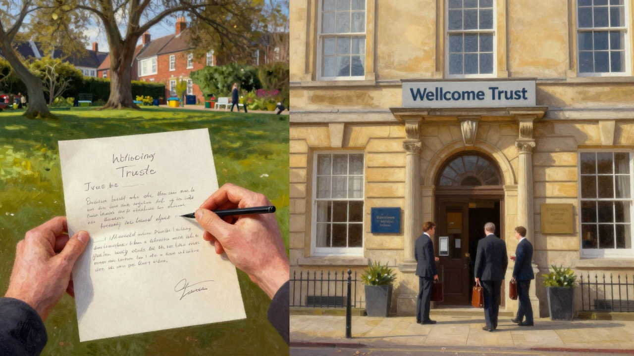 Contrasting scenes: a handwritten trust deed under a tree and a grand charitable foundation building at sunset.
