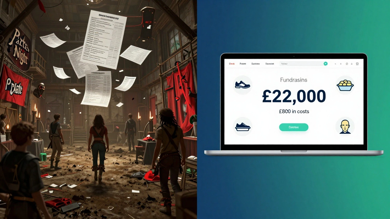 Contrasting visuals: chaotic failed fundraiser vs. clean digital fundraising dashboard showing high profit with low cost.