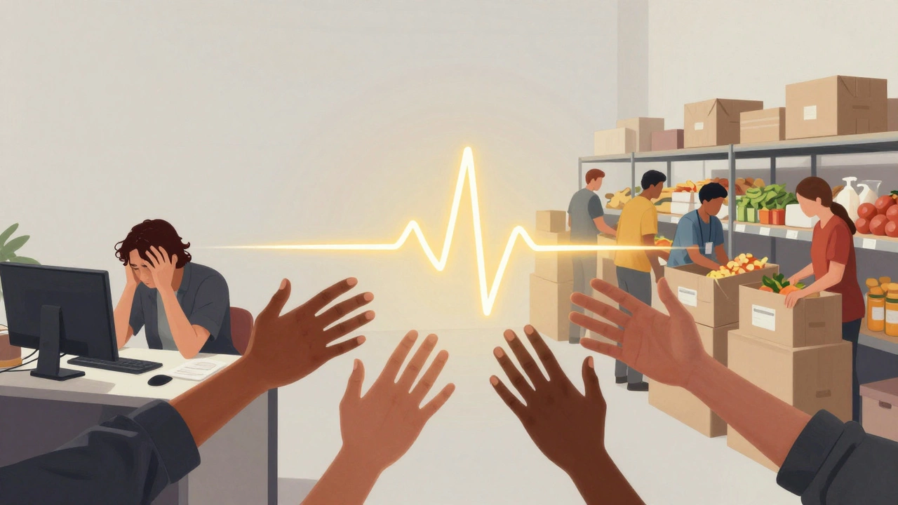 Diverse hands connected by a golden light between a stressful office and a food pantry.