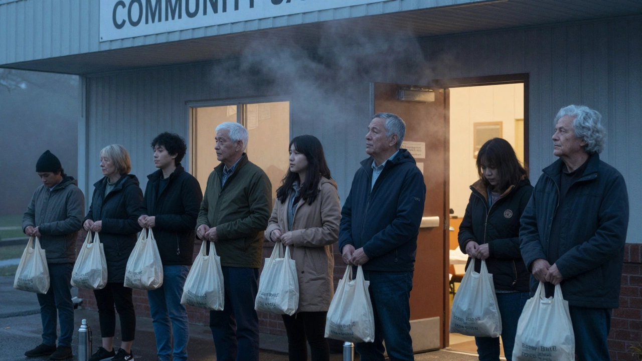 Diverse people waiting in line outside a food bank at dawn, holding bags for groceries.