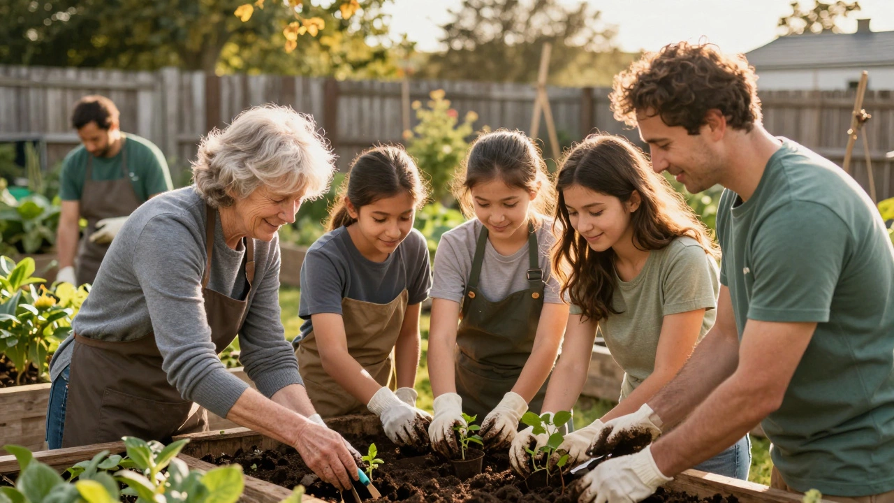 Diverse volunteers planting seedlings together in a community garden, smiling and working side by side.