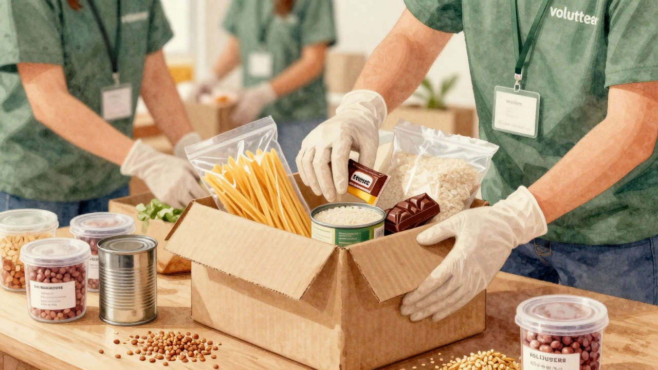 Hands packing an emergency food parcel with canned goods and a small treat for children.