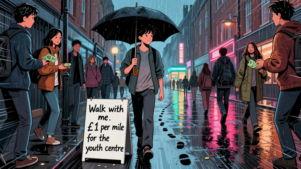 Teenager walking with a sign asking for £1 per mile to support a youth centre, people donating along the street.
