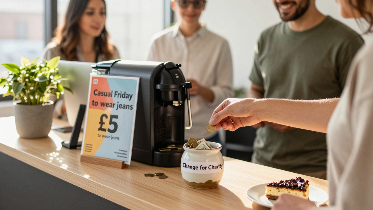 Workplace donation jar next to a coffee machine with coins and a casual Friday fundraiser sign.