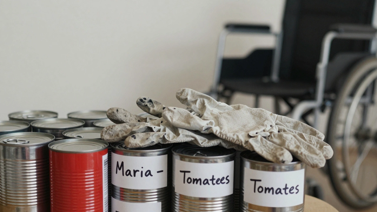 Worn gloves and labeled cans in a food bank, with a shadow suggesting a wheelchair user nearby.