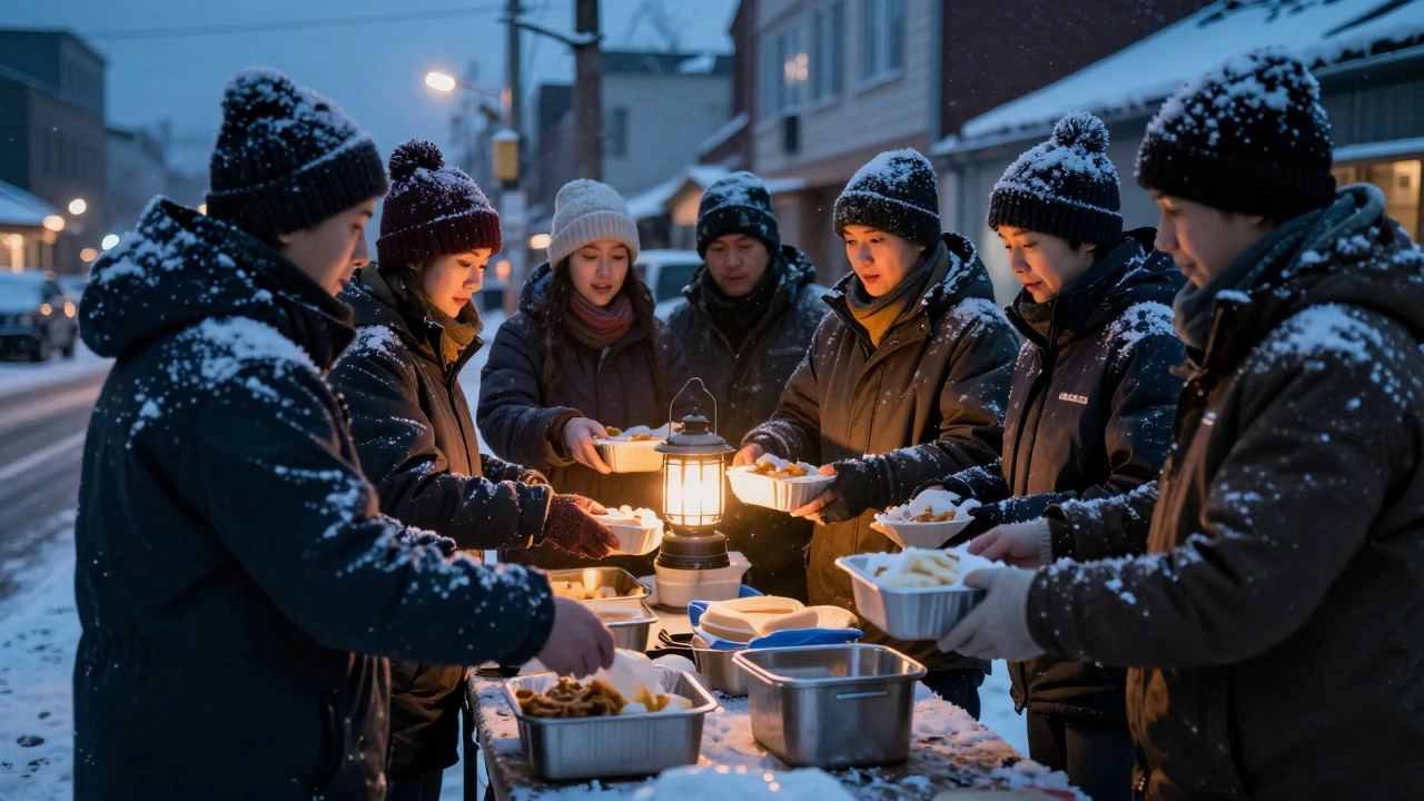 A diverse group handing out meals on a snowy street at dusk, standing together in quiet solidarity.
