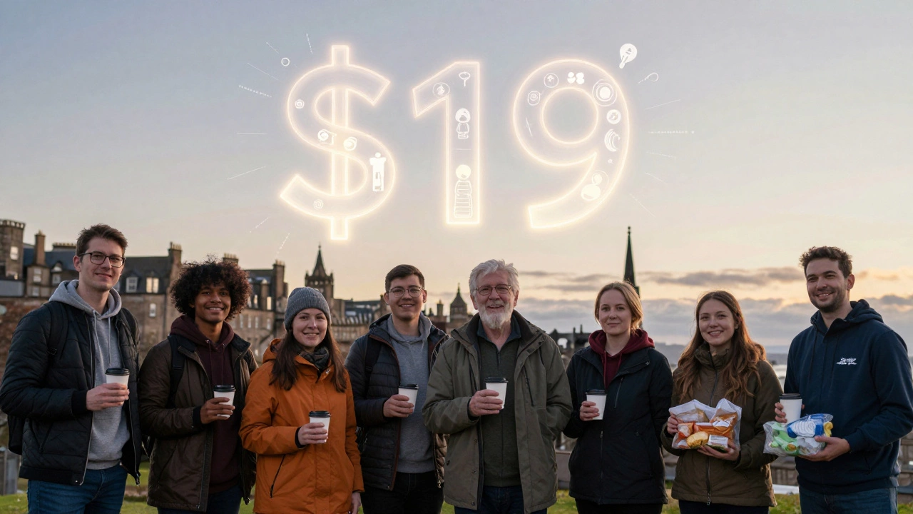 A group of diverse people in Edinburgh holding coffee cups, with a glowing  symbol above them surrounded by symbols of community impact.