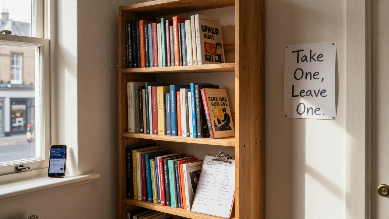 A hallway turned book-lending library with shelves of books, a sign-up clipboard, and sunlight streaming through a window.