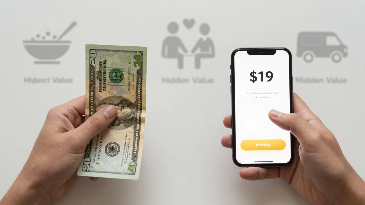 A hand hesitating over a  bill versus confidently selecting  on a phone, with faint impact icons in the background.