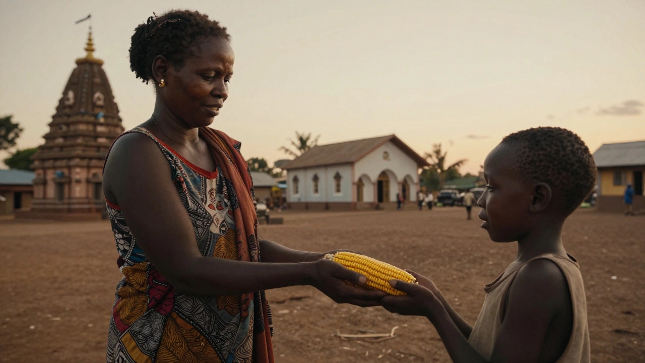 A Kenyan mother shares her last meal with a child, symbolizing sacrificial charity.